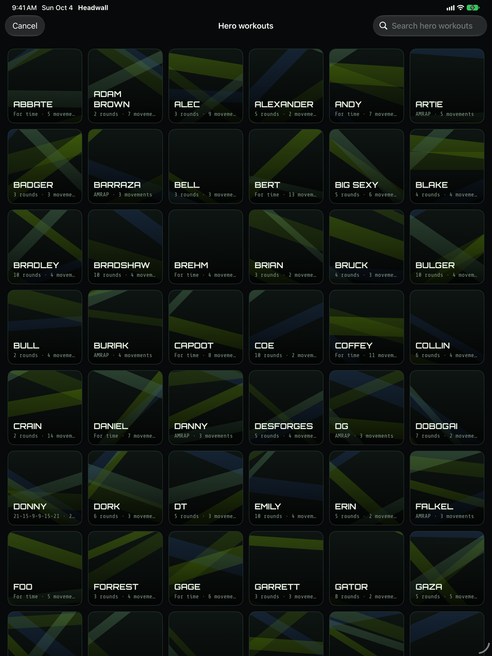 Headwall on iPad showing the hero workout library