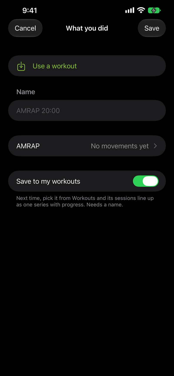 A Log session's What you did, offering Use a workout from the library, from text or from a photo