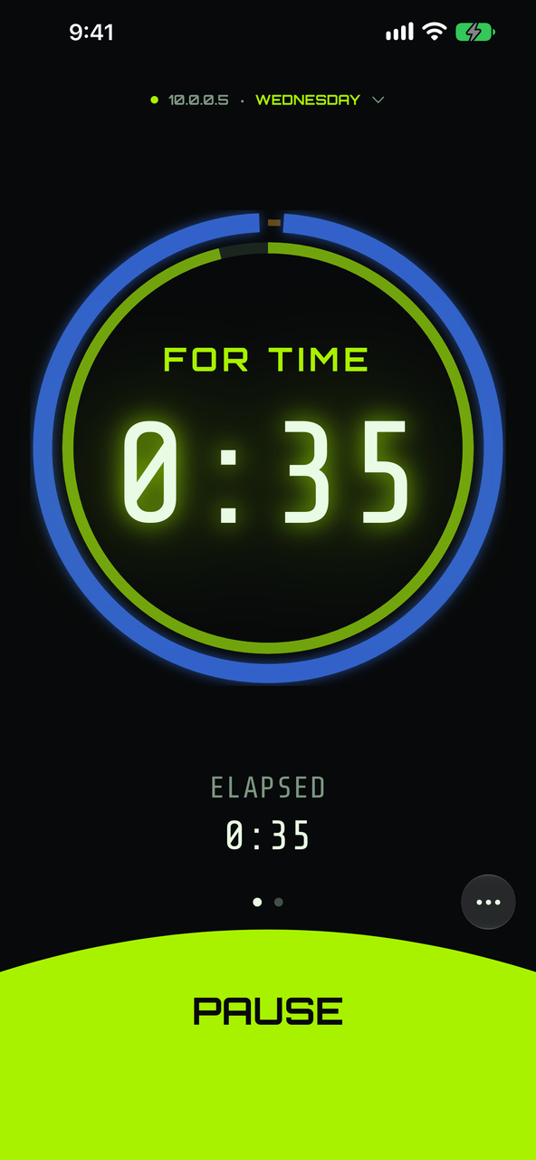 Headwall on iPhone driving a wall: the workout's clock and the coach's controls