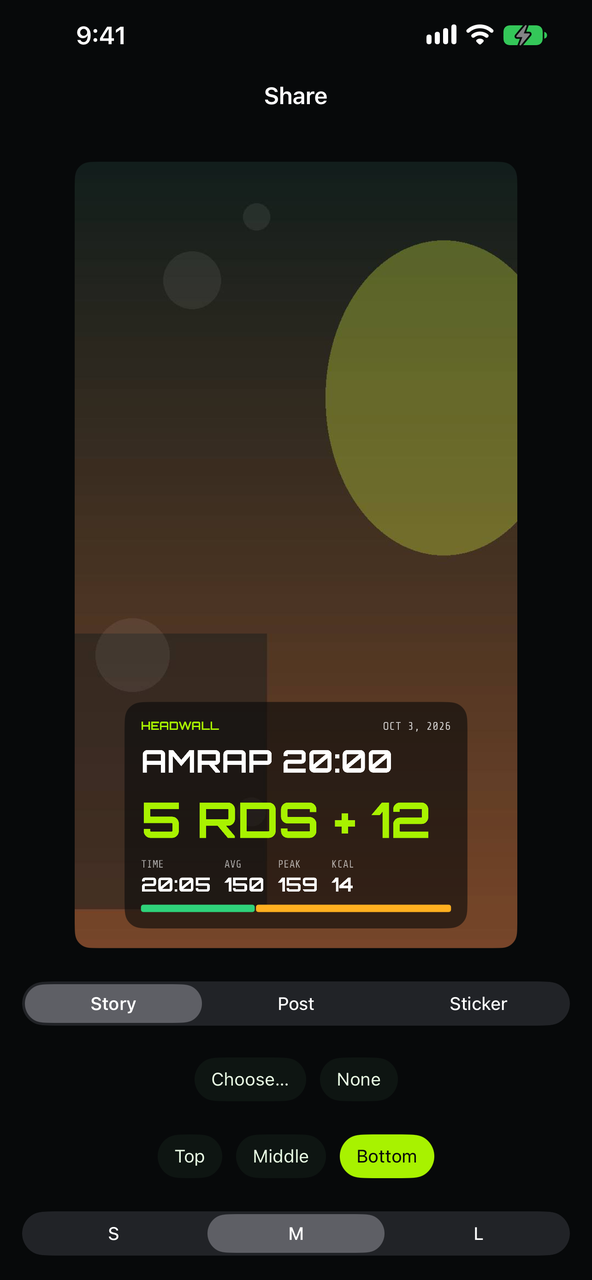 The share composer: a card with the score and heart rate over a photo, as a story, a post or a sticker