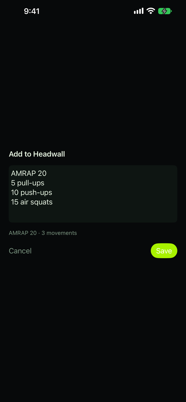Share to Headwall from another app: the shared text read as an AMRAP 20 with three movements, ready to save