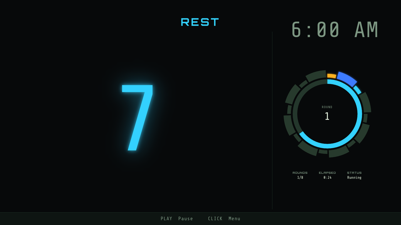 Headwall on a TV showing the blue REST clock between rounds