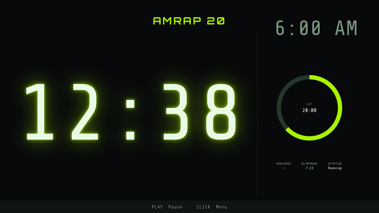 Headwall on a TV showing a running work clock